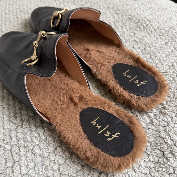 Black Fur-Lined Leather Mule Loafers with Gold Horsebit, Made in Spain, Size 8 - Picture 3 of 9